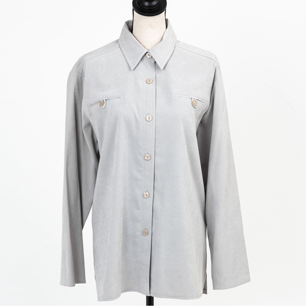 Neutral soft light gray faux suede textured fabric button down Studio C size M